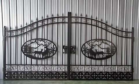 Wrought Iron Black Driveway Gate Set
Decorative Iron Entry Gates for Farm and Ranch
Durable Wrought Iron Gates – Deer Design
Heavy-Duty Black Iron Gates for Estate Entrance
Tree of Life Wrought Iron Entry Gate Design