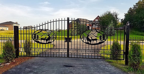 Wrought Iron Black Driveway Gate Set
Decorative Iron Entry Gates for Farm and Ranch
Durable Wrought Iron Gates – Deer Design
Heavy-Duty Black Iron Gates for Estate Entrance
Tree of Life Wrought Iron Entry Gate Design