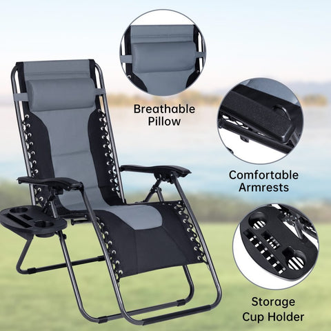 XL Padded Zero Gravity Recliner Chair – Front View
Heavy-Duty Folding Outdoor Lounger – 350 lbs Capacity
Recliner Chair Fully Extended – Oversized Comfort
Folded XL Reclining Chair – Easy Storage
Side Profile of Padded Zero Gravity Chair – Steel Frame
Outdoor Lounge Chair with Cushioned Headrest – Gray