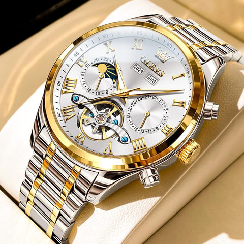OLEVS Automatic Men Watch Self Winding Mechanical Moon Phase Business Luxury Diamond Dress Stainless Steel Waterproof Luminous Mens Wrist Watch - with | Sold by Uncle Wiener's Wholesale
