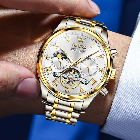 OLEVS Automatic Men Watch Self Winding Mechanical Moon Phase Business Luxury Diamond Dress Stainless Steel Waterproof Luminous Mens Wrist Watch - with | Sold by Uncle Wiener's Wholesale