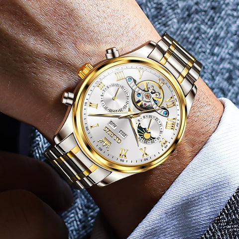 OLEVS Automatic Men Watch Self Winding Mechanical Moon Phase Business Luxury Diamond Dress Stainless Steel Waterproof Luminous Mens Wrist Watch - with | Sold by Uncle Wiener's Wholesale