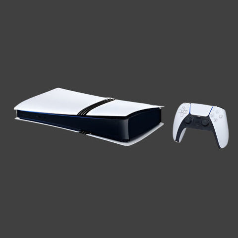 PlayStation 5 Pro Console standing vertically with controller
PS5 Pro Digital Edition rear view showing ports
PS5 Pro unit with DualSense controller (white)