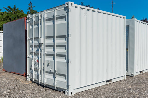 Front view of 8FT gray mini storage container
Side angle of compact steel shipping container
Portable storage containers in different sizes
Bi-parting swing doors and back entry detail
Onsite use of mini steel storage box
