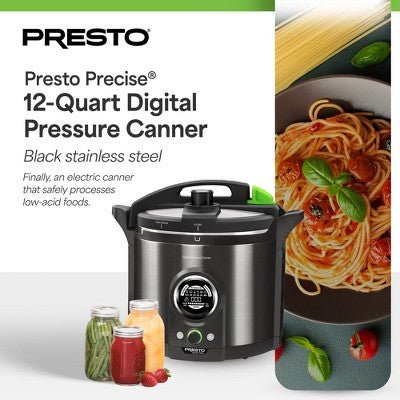 Presto Precise 02144 12 Qt Electric Pressure Canner, Stainless Steel, Black, has a dent, good condition - with Dimensions (Overall): 8.19 inches (H) x 17 inches (W) x 14 inches (D) | Sold by Uncle Wiener's Wholesale