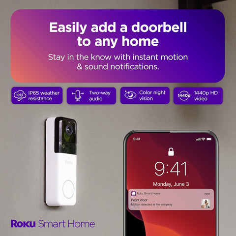 Roku Smart Home Wireless Video Doorbell & Chime - 1440p HD Night Vision Ultrawide View Doorbell Camera with Motion & Sound Detection, Works with Alexa & Google - 90 - Day Subscription Included - with White | Sold by Uncle Wiener's Wholesale