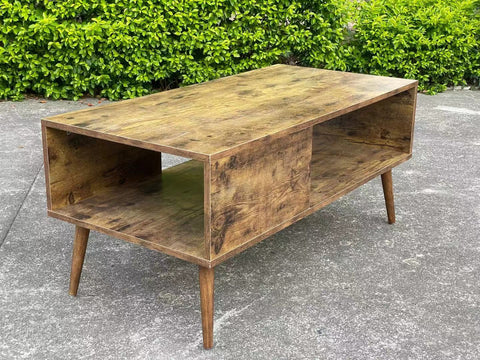 "Rustic mid-century solid wood coffee table with tapered legs and oak finish – Model TLCT2113"