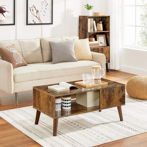 "Rustic mid-century solid wood coffee table with tapered legs and oak finish – Model TLCT2113"
