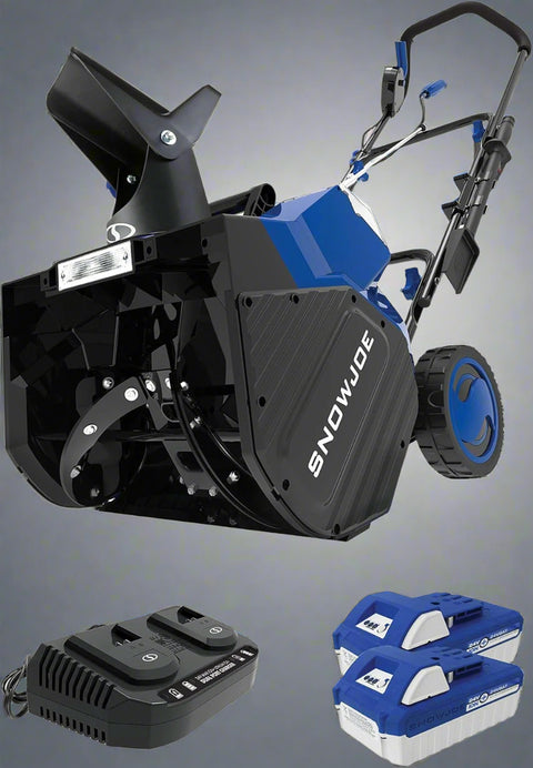 Snow Joe 24V-X2-SB18 cordless snow blower front view
Snow blower showing adjustable chute and LED lights
Snow Joe battery-powered snow blower side angle
Included 4.0Ah lithium-ion batteries and charger
Folded view of cordless snow blower for storage