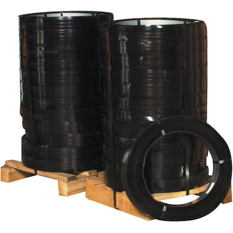 Industrial steel banding strapping coil – black finish
Side view of steel strapping roll
Bulk skid of 12 coils for high-volume strapping