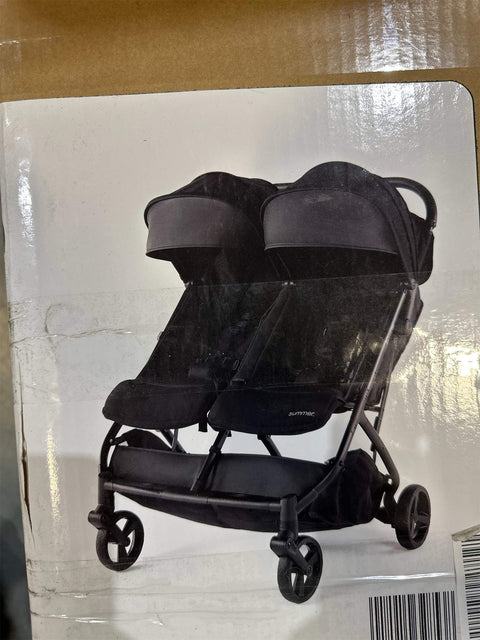 Summer Infant 3Dpac CS+ double stroller in black with car seat compatibility and large canopies
Compact lightweight double stroller with two seats and peekaboo windows
Black twin stroller folded for easy transport
Close-up of stroller seat recline and under-storage basket