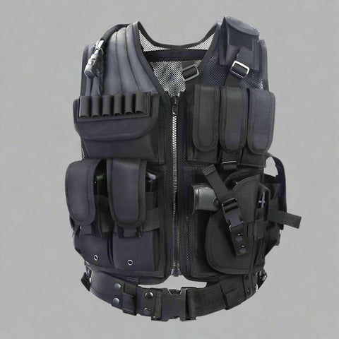 Tactical CS Field Vest – Front view with pouches
MOLLE Combat Vest – Side view with holster
Adjustable Tactical Vest – Laid flat
Camouflage Vest for Outdoor Use – Field-ready look
VT1063 Tactical Vest – Black and Camo color variants