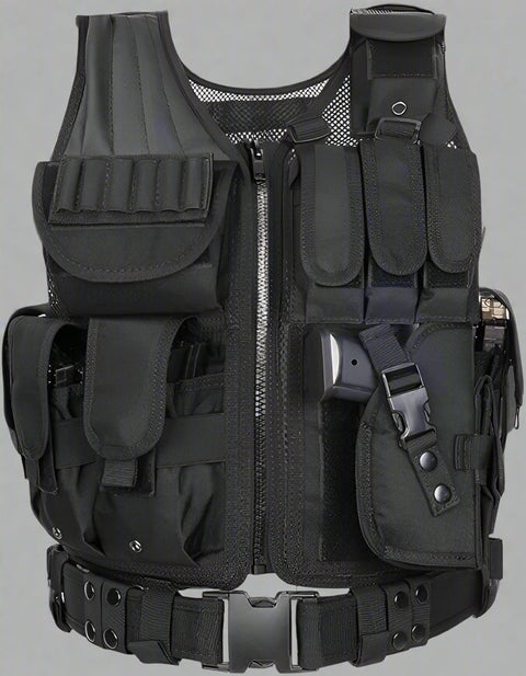 Tactical CS Field Vest – Front view with pouches
MOLLE Combat Vest – Side view with holster
Adjustable Tactical Vest – Laid flat
Camouflage Vest for Outdoor Use – Field-ready look
VT1063 Tactical Vest – Black and Camo color variants