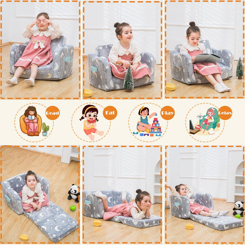 Toddler Baby Chair Couch Sofa Kids Foldable 2 - in - 1 Fold Out Couch Toddler Chairs Comfy for Boys & Girls Convertible Kids Furniture lounge chair for Playroom with Double Pockets, Glow in the Dark Grey - with Grey Moon | Sold by Uncle Wiener's Wholesale