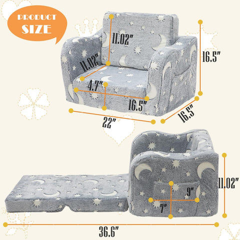 Toddler Baby Chair Couch Sofa Kids Foldable 2 - in - 1 Fold Out Couch Toddler Chairs Comfy for Boys & Girls Convertible Kids Furniture lounge chair for Playroom with Double Pockets, Glow in the Dark Grey - with Grey Moon | Sold by Uncle Wiener's Wholesale