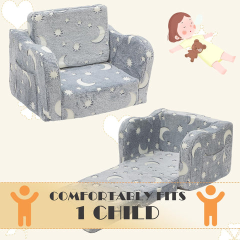 Toddler Baby Chair Couch Sofa Kids Foldable 2 - in - 1 Fold Out Couch Toddler Chairs Comfy for Boys & Girls Convertible Kids Furniture lounge chair for Playroom with Double Pockets, Glow in the Dark Grey - with Grey Moon | Sold by Uncle Wiener's Wholesale