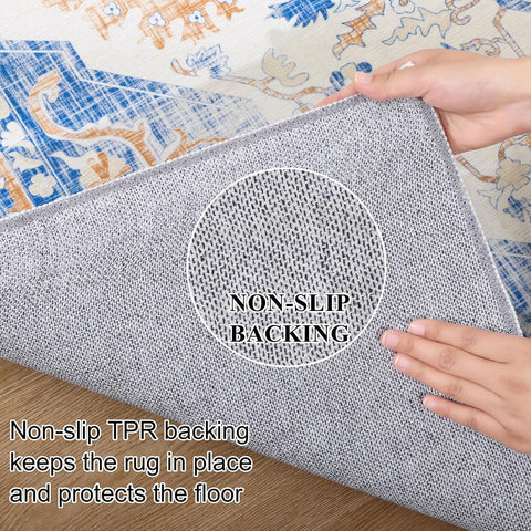 Topotdor Machine Washable Area Rug 9x12 Large Ultra - Thin Area Rugs with Non - Slip Backing Foldable Rugs for Living Room Bedroom Dining Room, Blue Orange - with Blue/Orange | Sold by Uncle Wiener's Wholesale