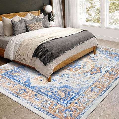 Topotdor Machine Washable Area Rug 9x12 Large Ultra - Thin Area Rugs with Non - Slip Backing Foldable Rugs for Living Room Bedroom Dining Room, Blue Orange - with Blue/Orange | Sold by Uncle Wiener's Wholesale