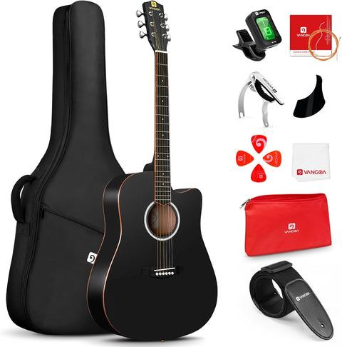 Vangoa 41" acoustic guitar with gig bag and accessories
Full beginner guitar bundle including tuner, strap, capo
Vangoa acoustic guitar kit display with playing tips
Sitka spruce dreadnought guitar side and body view
Complete guitar bundle for adult and teen beginners