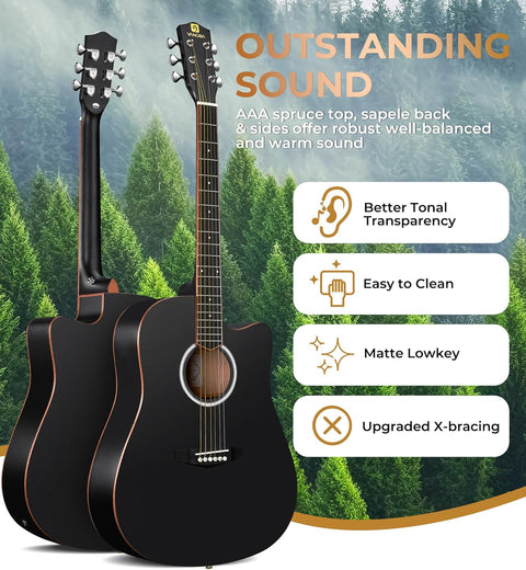Vangoa 41" acoustic guitar with gig bag and accessories
Full beginner guitar bundle including tuner, strap, capo
Vangoa acoustic guitar kit display with playing tips
Sitka spruce dreadnought guitar side and body view
Complete guitar bundle for adult and teen beginners