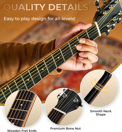 Vangoa 41" acoustic guitar with gig bag and accessories
Full beginner guitar bundle including tuner, strap, capo
Vangoa acoustic guitar kit display with playing tips
Sitka spruce dreadnought guitar side and body view
Complete guitar bundle for adult and teen beginners