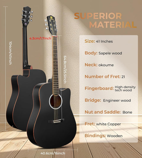 Vangoa 41" acoustic guitar with gig bag and accessories
Full beginner guitar bundle including tuner, strap, capo
Vangoa acoustic guitar kit display with playing tips
Sitka spruce dreadnought guitar side and body view
Complete guitar bundle for adult and teen beginners