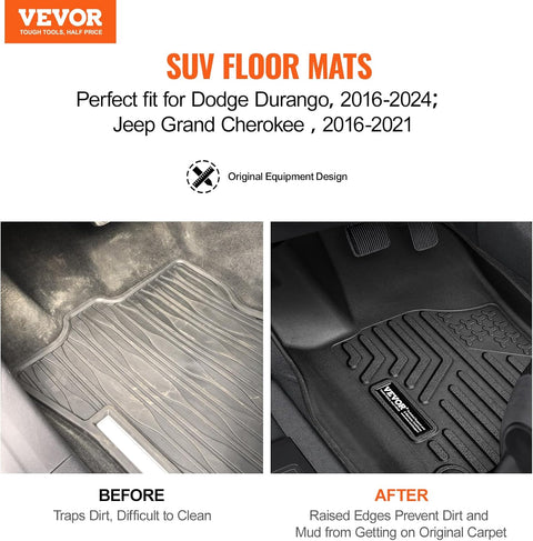 VEVOR 3-piece automotive floor mat set for Dodge Durango and Jeep Grand Cherokee
All-weather black TPE floor liners with raised edges
Custom fit floor mats – laser scanned for SUV interiors
Non-slip waterproof floor mats for Jeep and Dodge SUVs