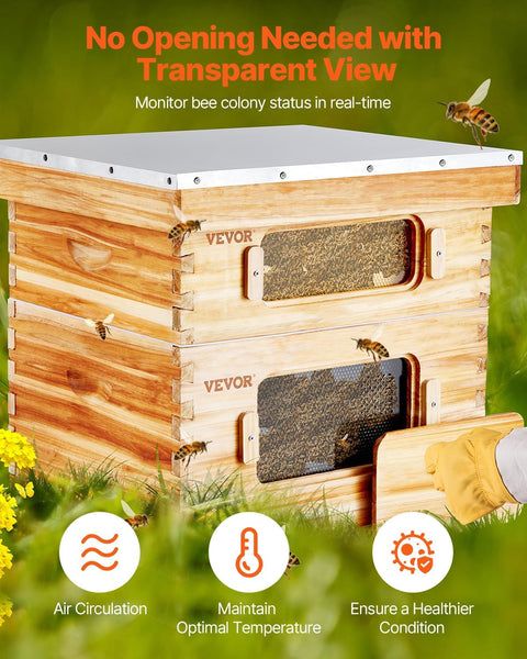 VEVOR Bee Hive 20 Frame Bee Hives Starter Kit, Beeswax Coated Fir Wood, 1 Deep + 1 Medium Bee Boxes Langstroth Beehive Kit, Transparent Acrylic Windows with Foundations for Beginners Pro Beekeepers - with | Sold by Uncle Wiener's Wholesale