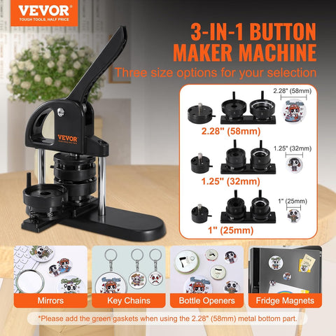 VEVOR 3-in-1 button maker machine front view
Pin maker kit with 300 button parts and cutter
Badge press in action with accessories
Three size molds for 25mm, 32mm, and 58mm
Button maker machine with parts and an instructional manual
Complete pin press bundle with tools and packaging