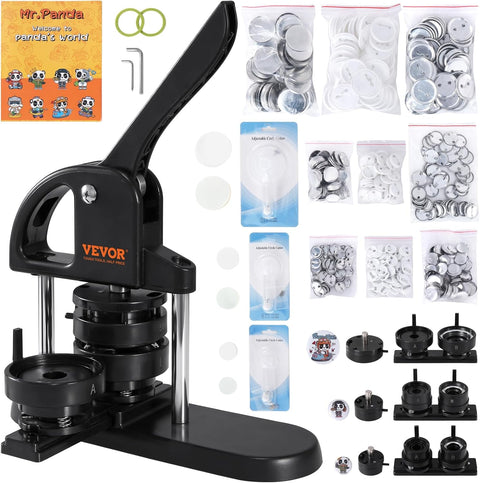 VEVOR 3-in-1 button maker machine front view
Pin maker kit with 300 button parts and cutter
Badge press in action with accessories
Three size molds for 25mm, 32mm, and 58mm
Button maker machine with parts and an instructional manual
Complete pin press bundle with tools and packaging