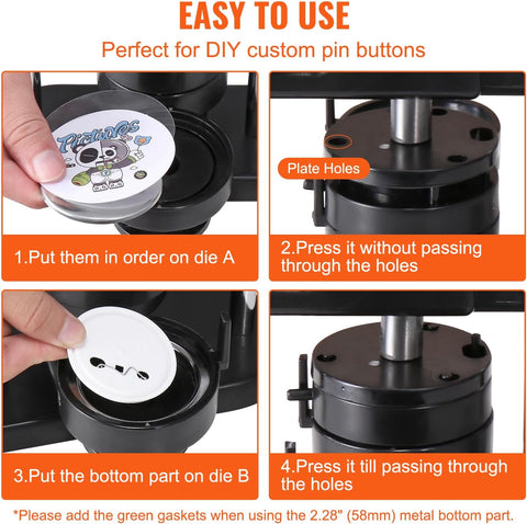 VEVOR 3-in-1 button maker machine front view
Pin maker kit with 300 button parts and cutter
Badge press in action with accessories
Three size molds for 25mm, 32mm, and 58mm
Button maker machine with parts and an instructional manual
Complete pin press bundle with tools and packaging