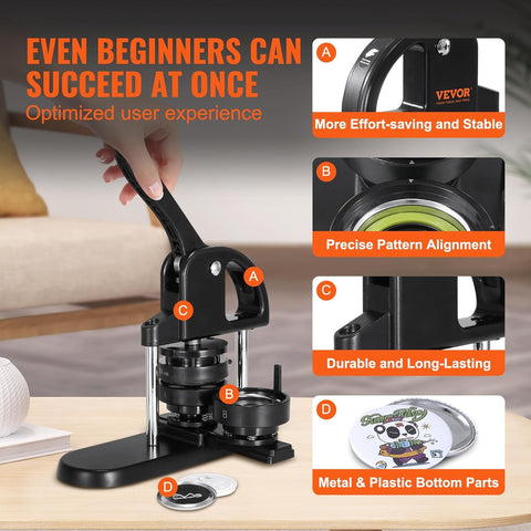 VEVOR 3-in-1 button maker machine front view
Pin maker kit with 300 button parts and cutter
Badge press in action with accessories
Three size molds for 25mm, 32mm, and 58mm
Button maker machine with parts and an instructional manual
Complete pin press bundle with tools and packaging