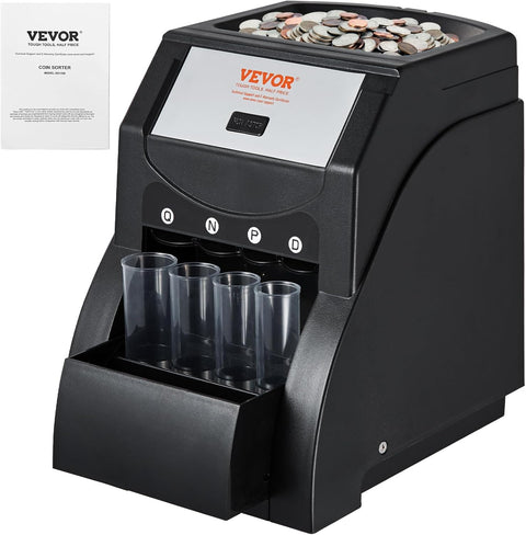 VEVOR Coin Sorter Organizer for USD Coins, Sorts 1¢, 5¢, 10¢, 25¢, 230 Coins/Min, Includes 4 Coin Wrapping Tubes, Capacity of 200 Coins, Black - with Black | Sold by Uncle Wiener's Wholesale