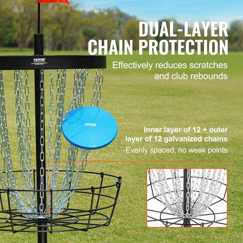 VEVOR disc golf basket with 24 chains and mini flag
Disc golf basket set up on green lawn outdoors
Portable disc golf basket with carry bag and accessories
Disc golf set including discs and installation tools
Folded basket and components in packaging view