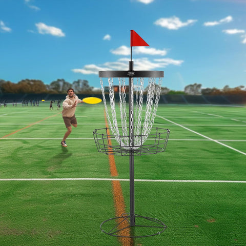 VEVOR disc golf basket with 24 chains and mini flag
Disc golf basket set up on green lawn outdoors
Portable disc golf basket with carry bag and accessories
Disc golf set including discs and installation tools
Folded basket and components in packaging view