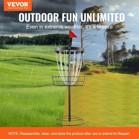 VEVOR disc golf basket with 24 chains and mini flag
Disc golf basket set up on green lawn outdoors
Portable disc golf basket with carry bag and accessories
Disc golf set including discs and installation tools
Folded basket and components in packaging view