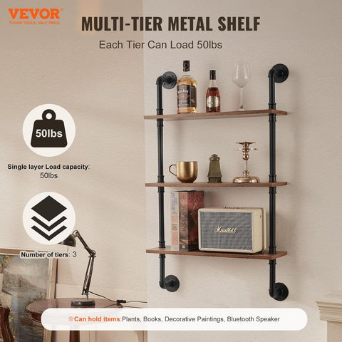 VEVOR Industrial Pipe Shelf, 3 Tier 24x7.87in, Wall - Mount Floating Rustic Wood Shelves Bracket Display Bookshelf, Storage Rack Sundries Holder for Kitchen Bedroom Bathroom Living Room, Black - with | Sold by Uncle Wiener's Wholesale