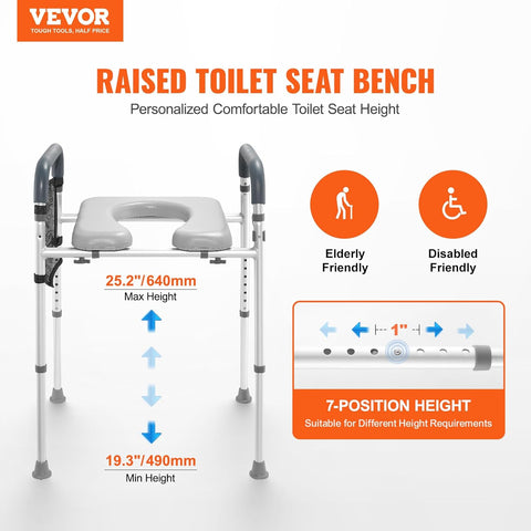 VEVOR raised toilet seat with aluminum frame and cushion
7-position adjustable toilet seat for seniors
Padded toilet riser with side storage bag
Height adjustable toilet aid for mobility support
VEVOR raised seat fits round and elongated toilets