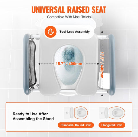 VEVOR raised toilet seat with aluminum frame and cushion
7-position adjustable toilet seat for seniors
Padded toilet riser with side storage bag
Height adjustable toilet aid for mobility support
VEVOR raised seat fits round and elongated toilets