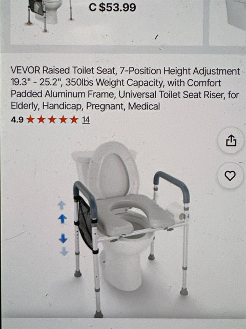 VEVOR raised toilet seat with aluminum frame and cushion
7-position adjustable toilet seat for seniors
Padded toilet riser with side storage bag
Height adjustable toilet aid for mobility support
VEVOR raised seat fits round and elongated toilets