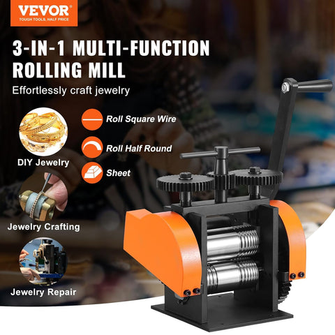 VEVOR Rolling Mill, 1.77"/45 mm Jewelry Rolling Mill Machine, 1: 2.4 Gear Ratio, 3 - in - 1 Multi - Function Rolling Mill, 0 - 6 mm Press Thickness for Metal Jewelry Making Sheet Square Wire Semicircle - with | Sold by Uncle Wiener's Wholesale