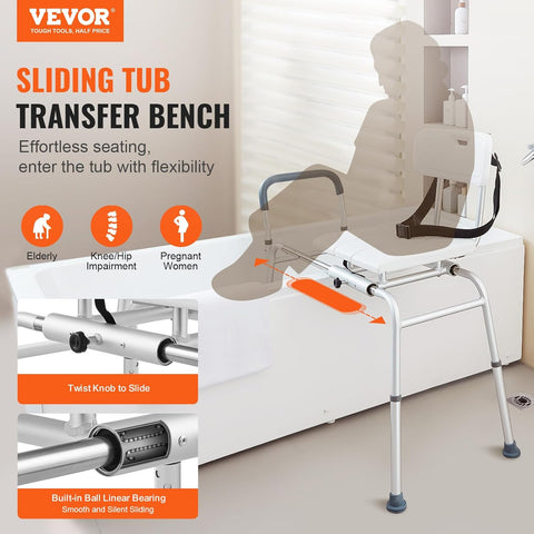 VEVOR Sliding Tub Transfer Bench, Height Adjustable Bathtub Transfer Bench with Cut - Out Seat, Reversible Backrest & Safety Belt, Non - Slip Shower Chair for Elderly Disabled Handicap, 400LBS Capacity - with | Sold by Uncle Wiener's Wholesale