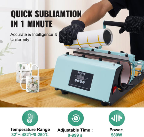 VEVOR Tumbler Heat Press Machine, 11 - 30oz Mug Press, Heat Up Fast and Even, Tumbler Press with Sublimation Paper, Tape and Gloves, Temp and Time Setting, for Sublimation Tumblers, Cups, Mugs, Green - with | Sold by Uncle Wiener's Wholesale