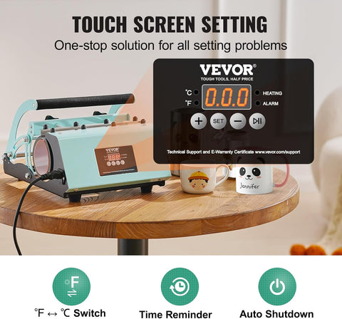 VEVOR Tumbler Heat Press Machine, 11 - 30oz Mug Press, Heat Up Fast and Even, Tumbler Press with Sublimation Paper, Tape and Gloves, Temp and Time Setting, for Sublimation Tumblers, Cups, Mugs, Green - with | Sold by Uncle Wiener's Wholesale