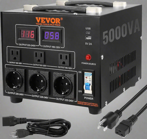 VEVOR 5000W voltage converter front view with LED display
Step up/down power transformer with 6 AC outlets
Rear view showing cooling fan and switch
Voltage converter transformer with USB and Type-C ports
Heavy-duty power adapter for 110V/220V electronics