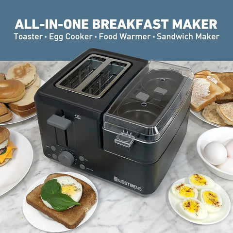 West Bend 78500 Breakfast Station Wide Slot Toaster with Removable Crumb Tray includes Meat and Vegetable Warming Tray with Egg Cooker and Poacher, 2 - Slice, Black - with | Sold by Uncle Wiener's Wholesale