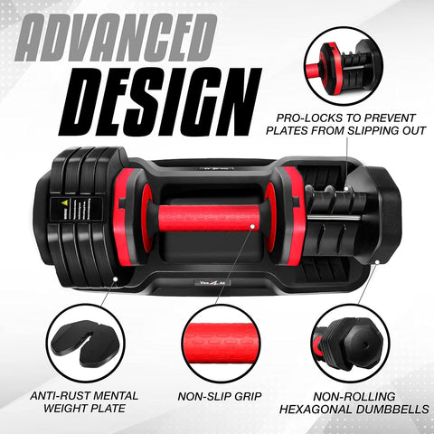 Yes4All 25/55LB Single/Pair Adjustable Dumbbells Weights, 5 in 1 Free Weights Dumbbell with One Second Dial Handle for Different Workout Levels - with Red Grip | Sold by Uncle Wiener's Wholesale