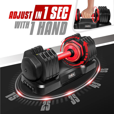 Yes4All 25/55LB Single/Pair Adjustable Dumbbells Weights, 5 in 1 Free Weights Dumbbell with One Second Dial Handle for Different Workout Levels - with Red Grip | Sold by Uncle Wiener's Wholesale
