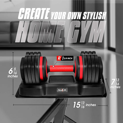 Yes4All 25/55LB Single/Pair Adjustable Dumbbells Weights, 5 in 1 Free Weights Dumbbell with One Second Dial Handle for Different Workout Levels - with Red Grip | Sold by Uncle Wiener's Wholesale