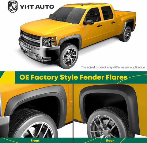 OE-style fender flares for Chevy Silverado – 4-piece set black finish
Chevy Silverado 1500 fender flares installed front and rear view
YHTAUTO factory-style truck fender flares with install kit
Durable polypropylene wheel well protector for Silverado
Installation hardware and parts for YHTAUTO Silverado fender flares